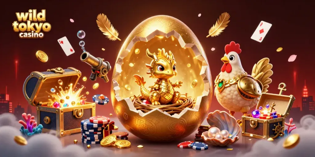 Play at wild tokyo casino and win exciting rewards with a magical dragon and poker chips.