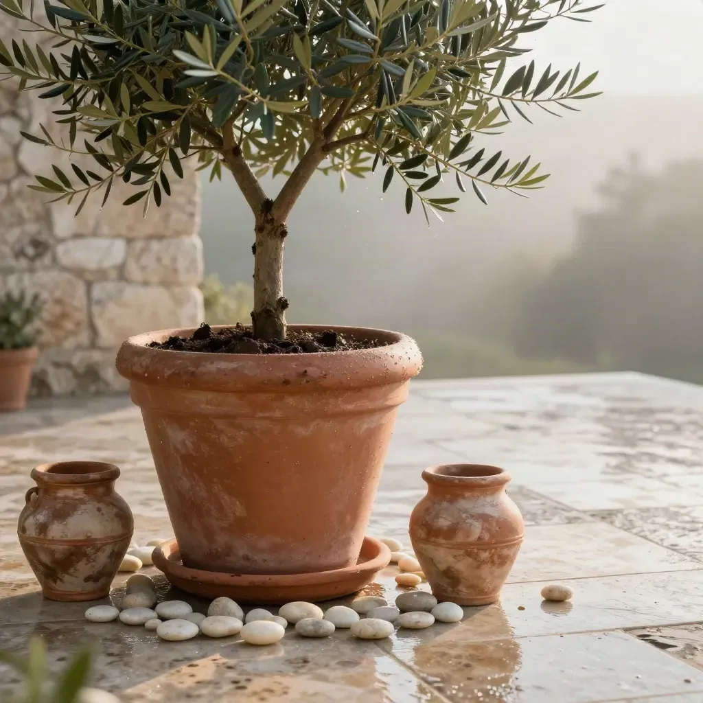 Fioriera in terracotta con olivo giovane, cachepot e pietre bagnate su terrazza luminosa.
