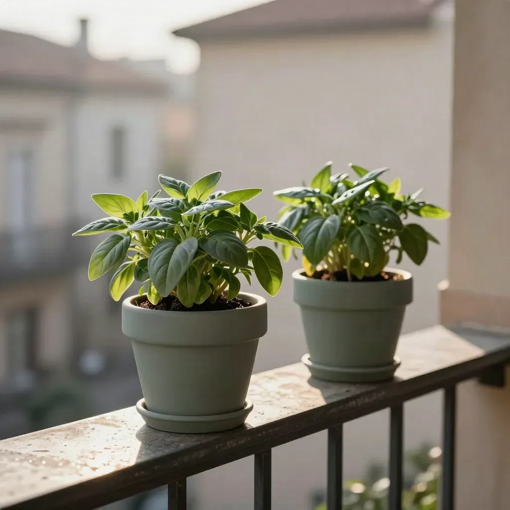 Due fioriere salvia con rosmarino su ringhiera scura, luce morbida e aria di città.
