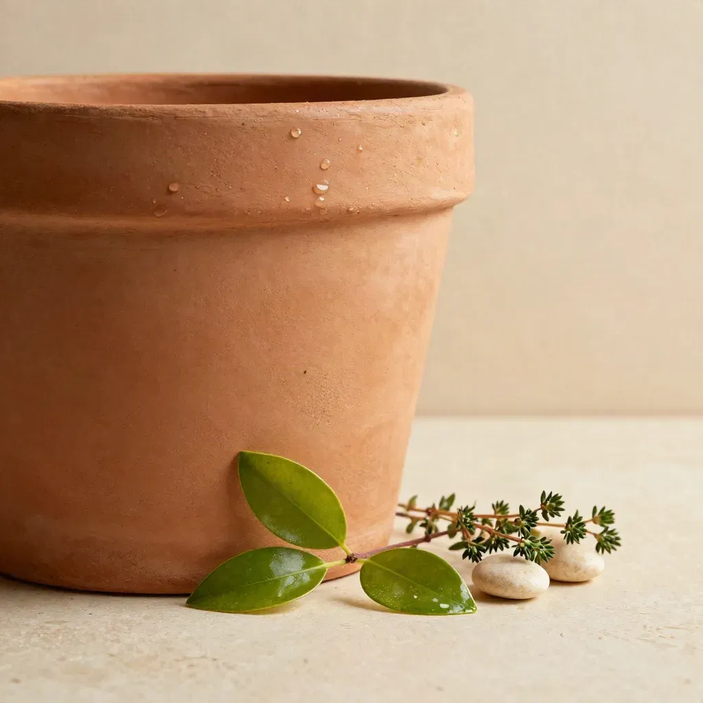 Vaso cilindrico in terracotta con rametto di limone, timo e ciottoli chiari su fondo crema.