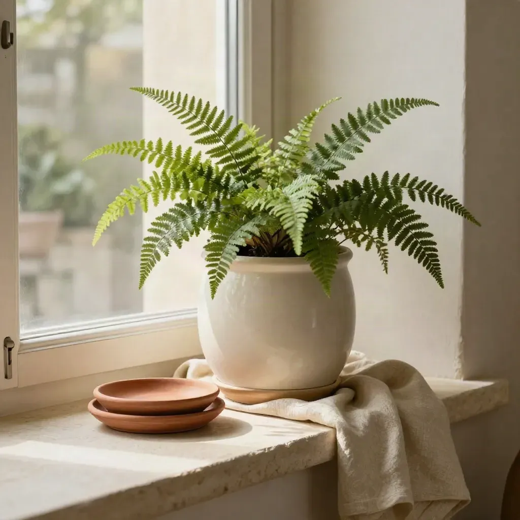 Cachepot avorio con felce, lino piegato e due piattini in terracotta su davanzale chiaro.
