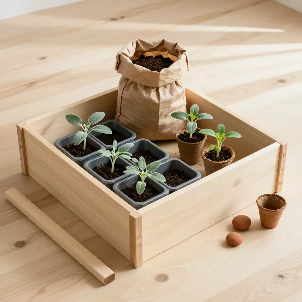 Flat lay di kit per orto rialzato in legno con piantine di pomodoro e sacco di terriccio