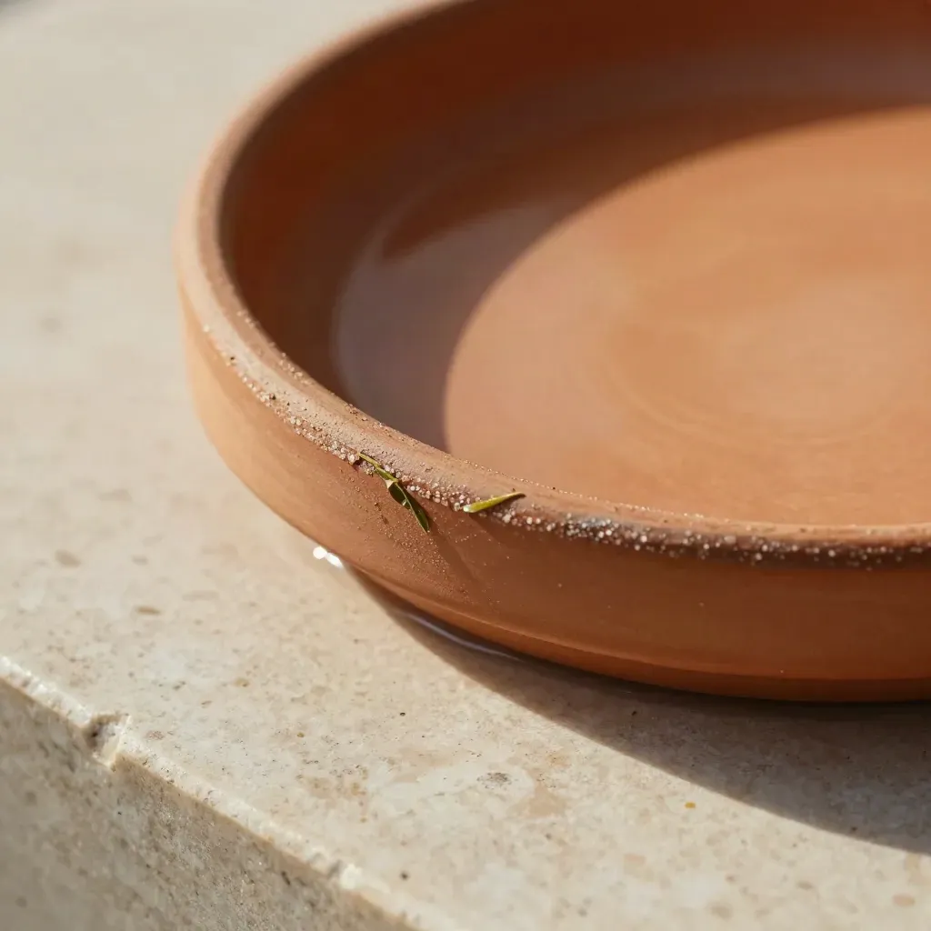 Sottovaso in terracotta con velo d’acqua, granelli minerali e due foglie secche su travertino.