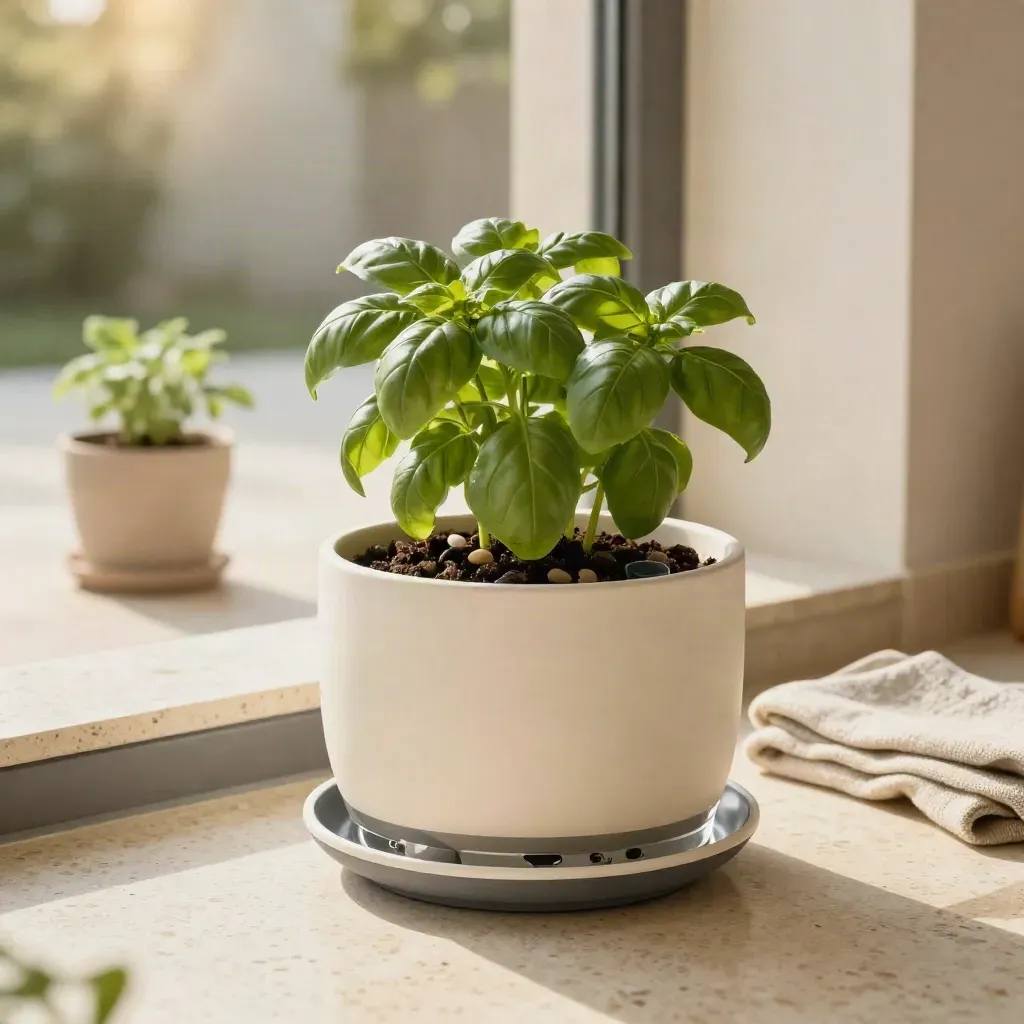 Vaso autoirrigante crema con basilico su gradino in travertino, luce morbida e cortile sfocato.