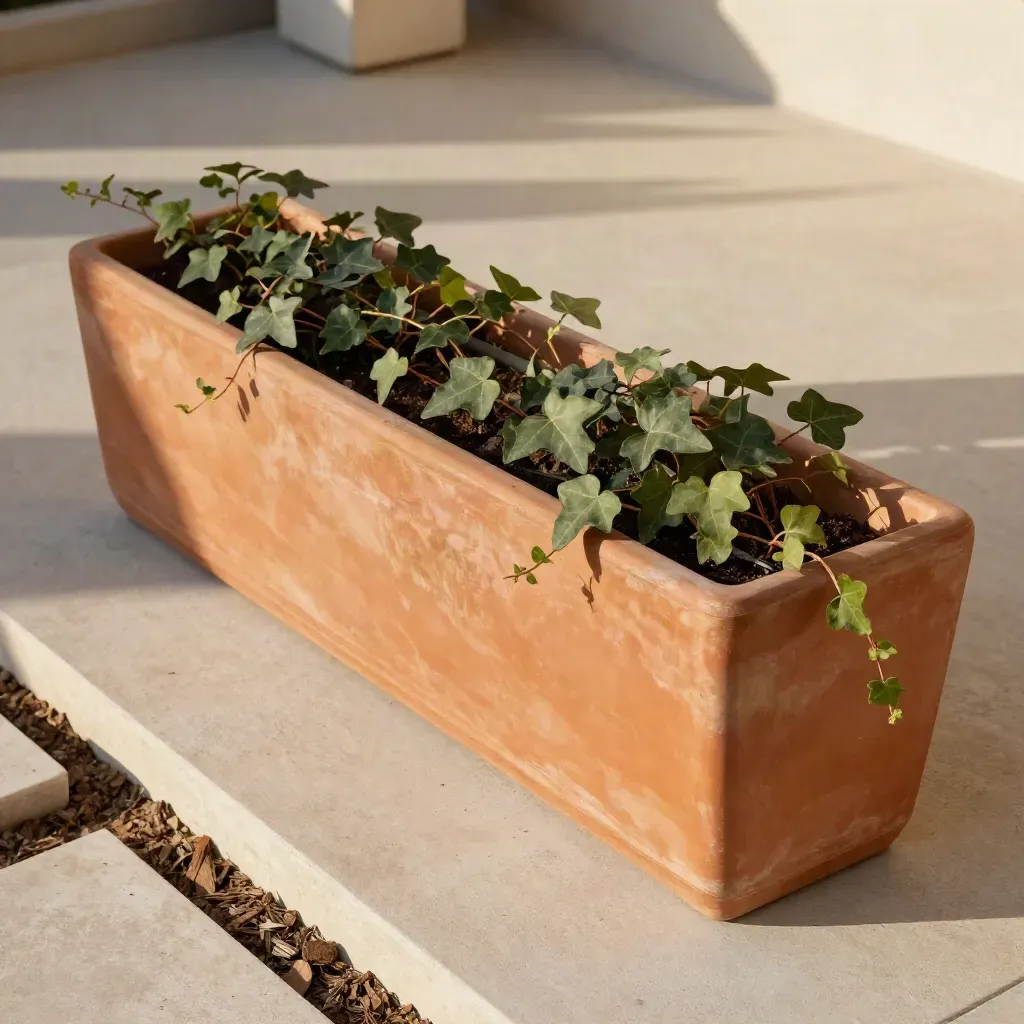 Fioriera rettangolare in terracotta con edera, blocchi di pietra e pacciamatura su cemento chiaro.