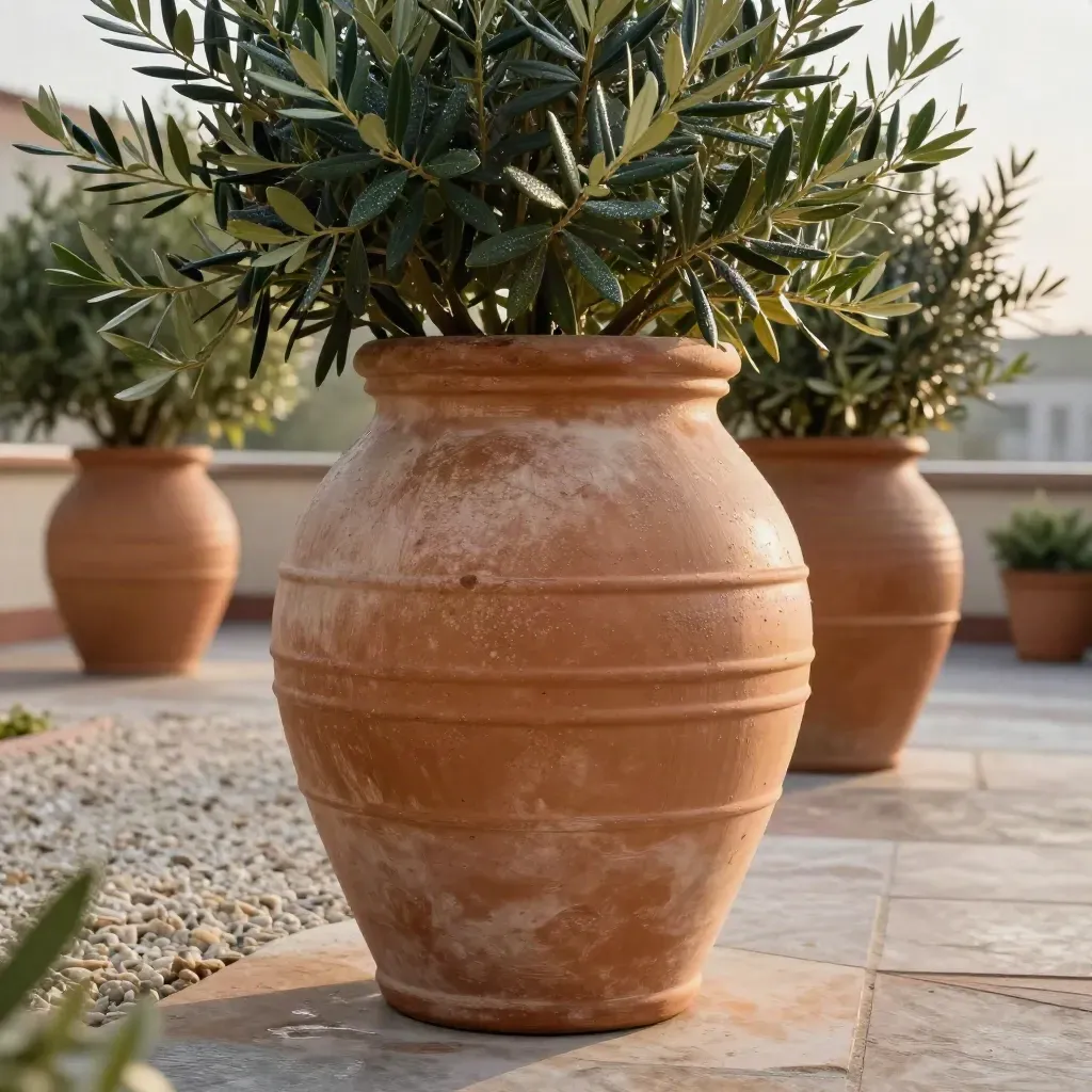Fioriere in terracotta su terrazzo con ulivi e lauro bagnati dalla pioggia