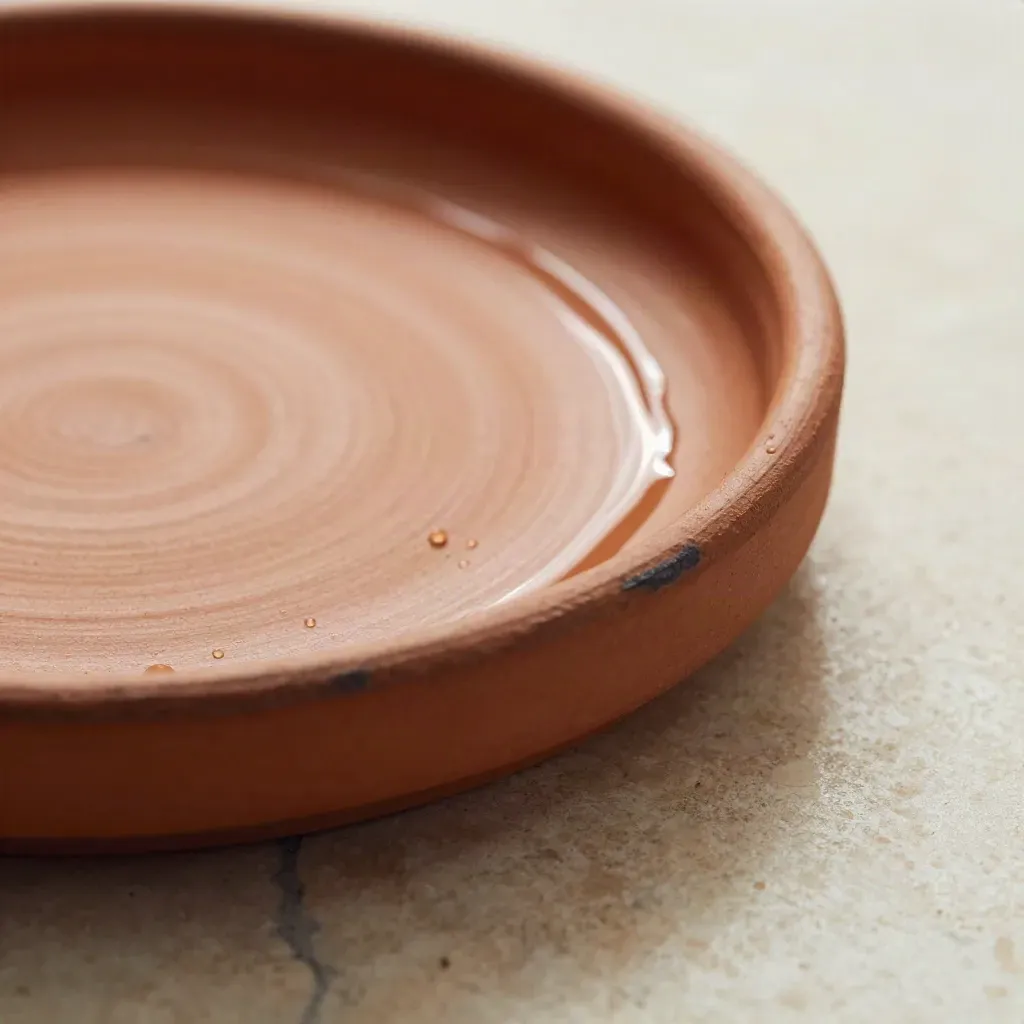 Primo piano macro di un sottovaso in terracotta con anello bagnato e secondo piattino sfocato dietro.