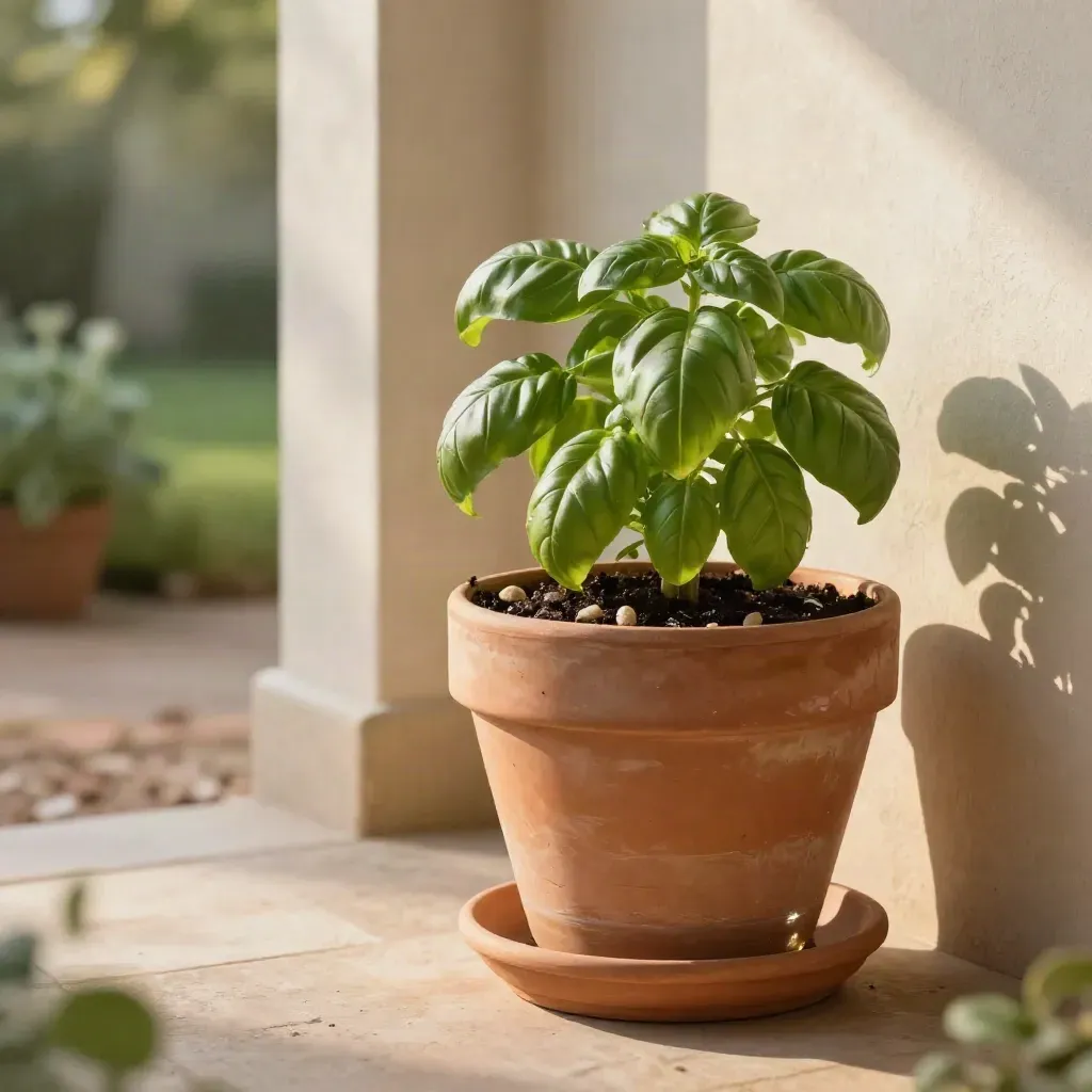 Fioriera autoirrigante in terracotta con basilico, ghiaia neutra e linea d’acqua visibile.