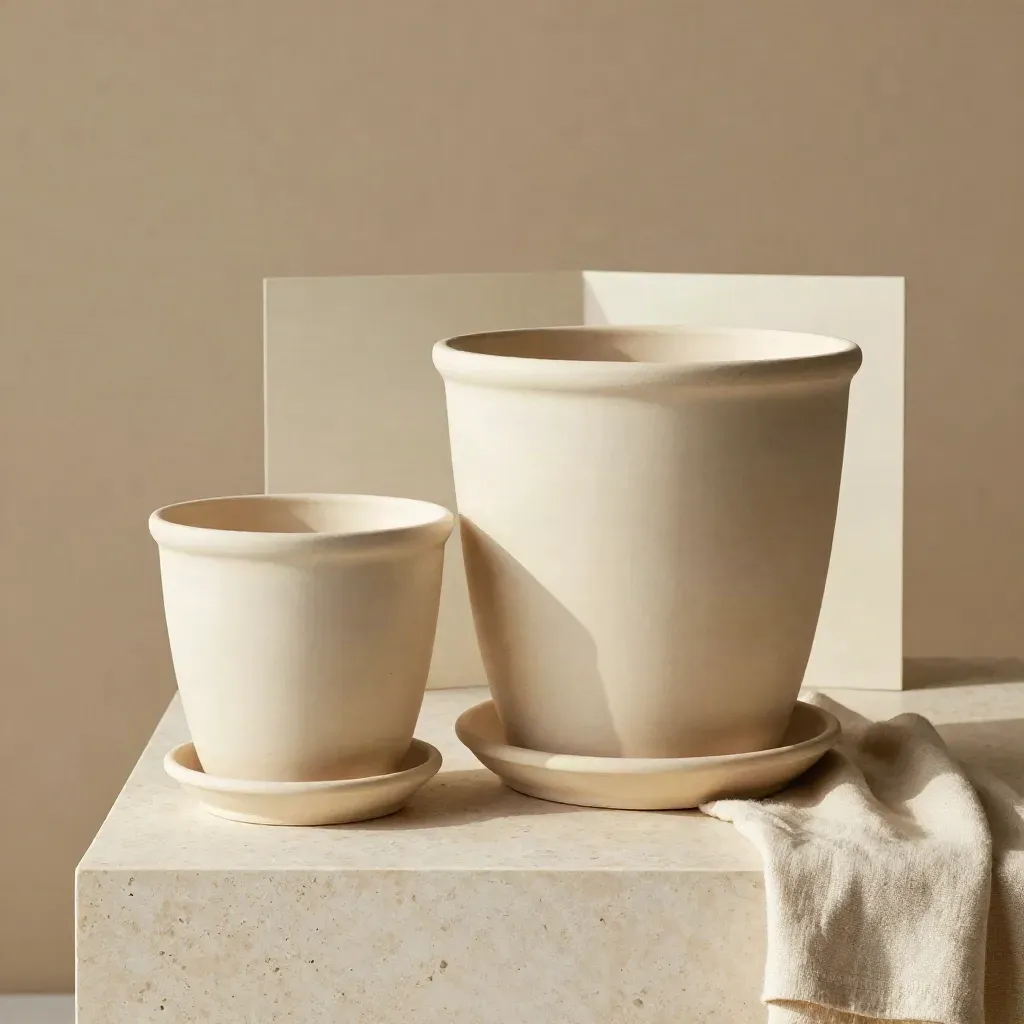 Due vasi ceramica crema con sottovaso e lino su base chiara, in luce soffusa.