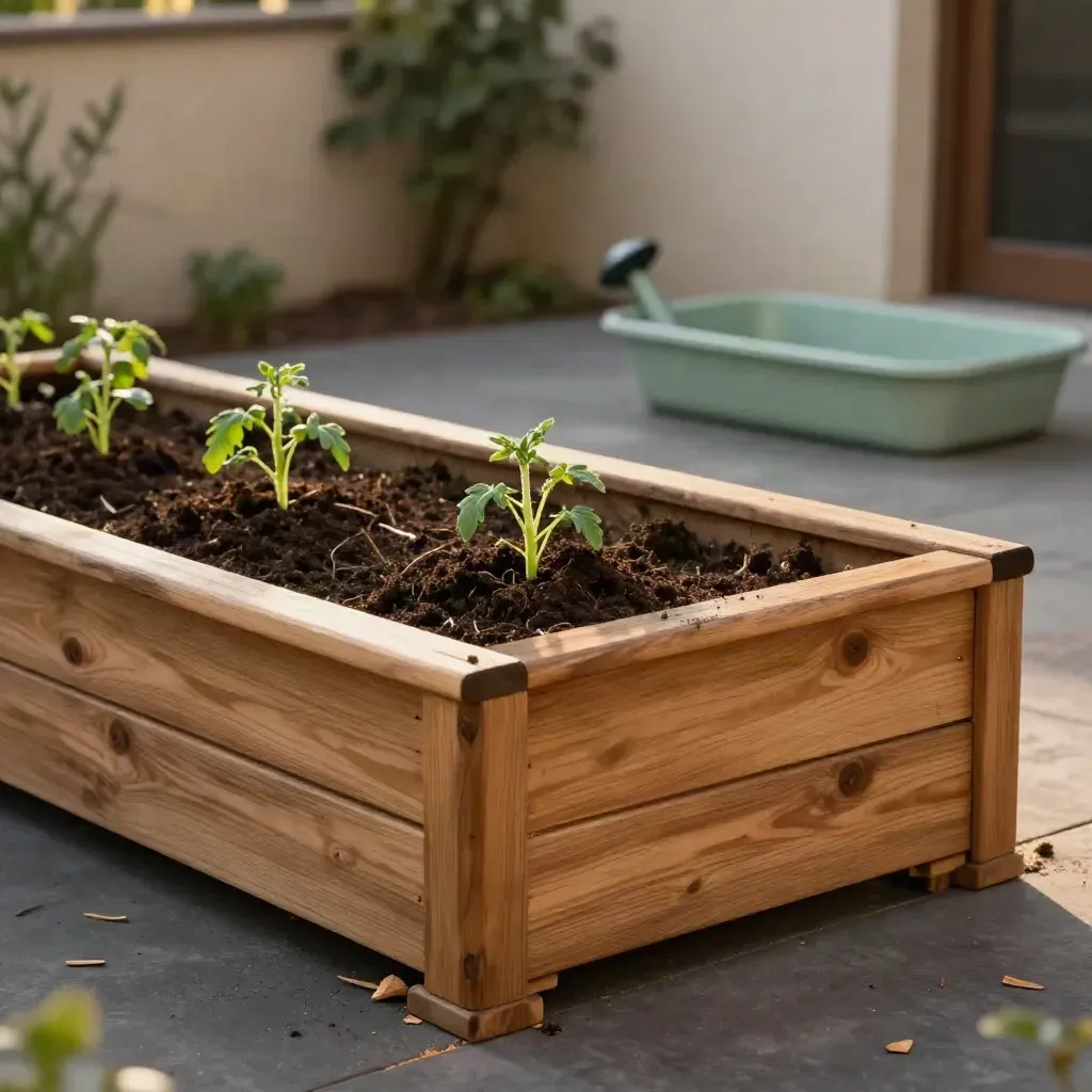 Orto rialzato in legno con piantine di pomodoro, trucioli di cedro e terrazza in ombra