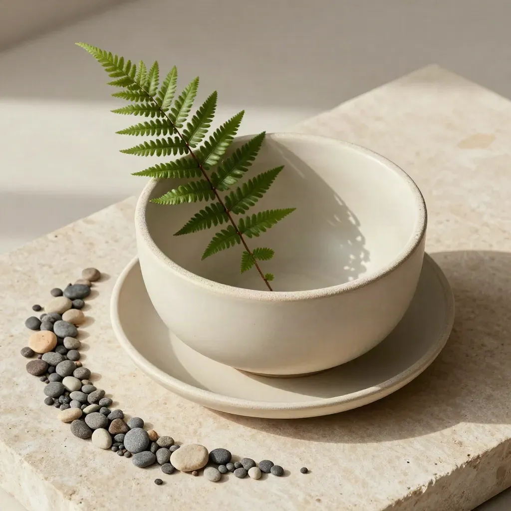 Cachepot verde salvia con sottovaso e foglia di felce su pietra chiara.