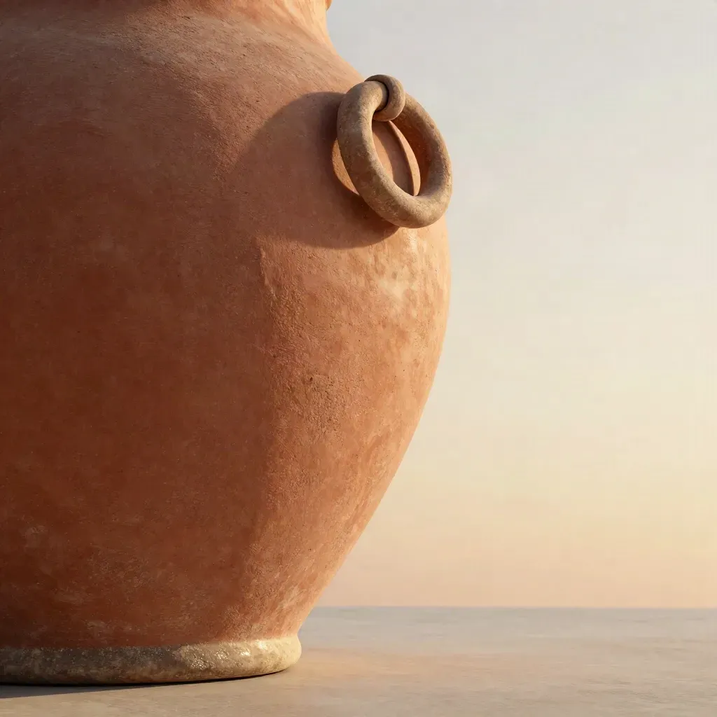 Primo piano macro di un vaso alto in terracotta con fascia in pietra e riflesso d’acqua.