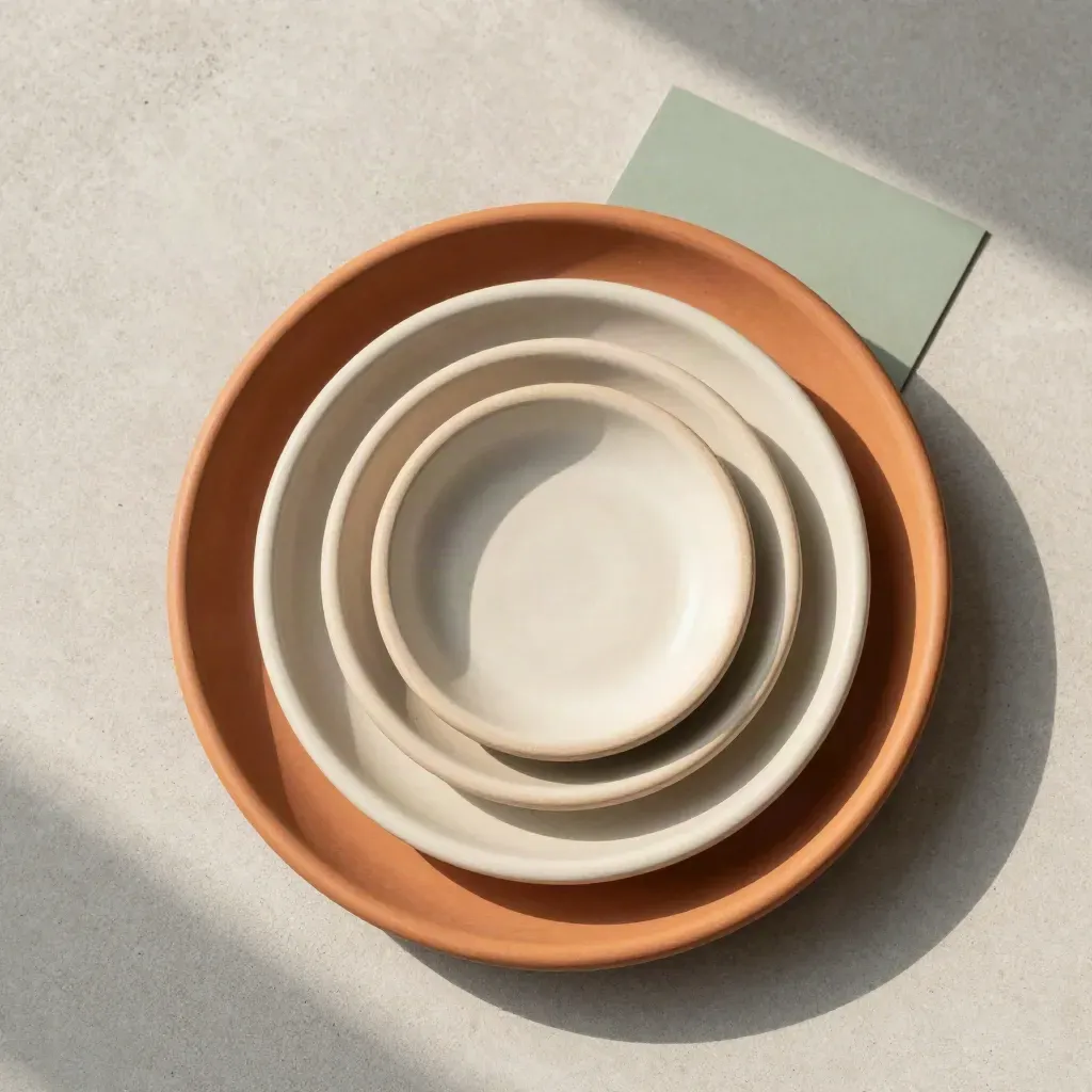 Kit di 6 sottovasi misti disposti in piano su cemento chiaro, con anelli terracotta e crema