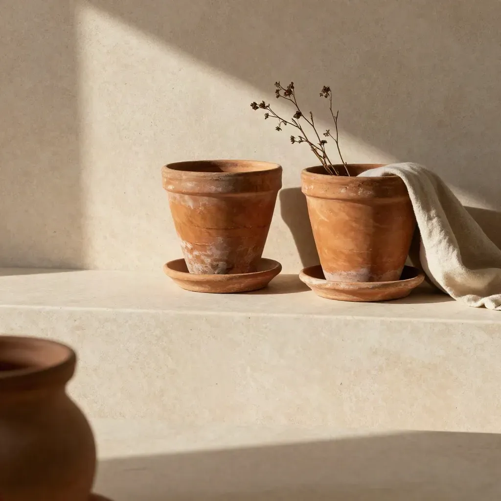 Vasi in terracotta su pietra travertino, con luce mattutina e spazio vuoto per il testo
