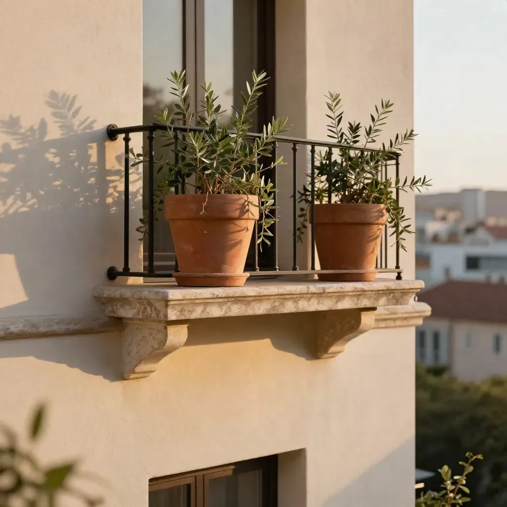Balcone in stucco chiaro con ringhiera in ferro e due fioriere sottili, luce pomeridiana calda.