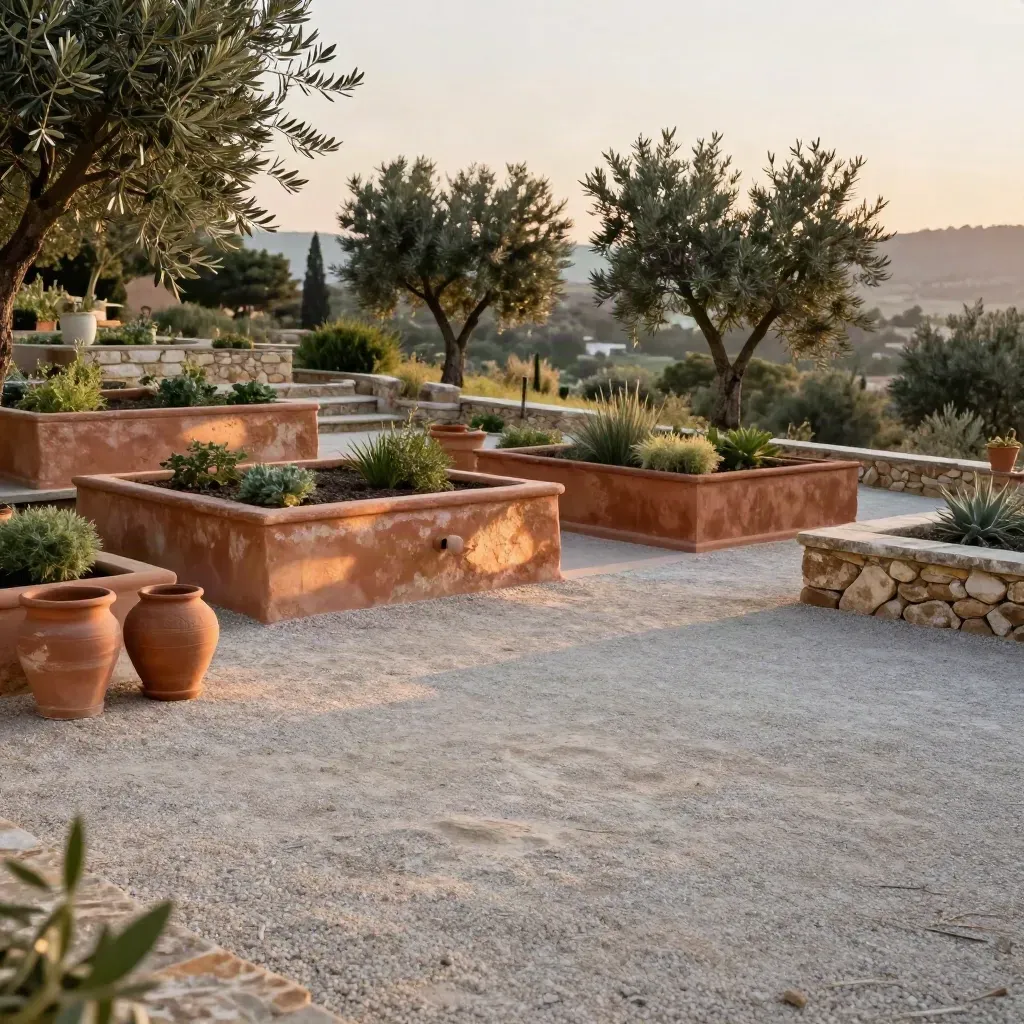 Aiuole rialzate su terrazza collinare, vasi in terracotta e ulivi al tramonto.